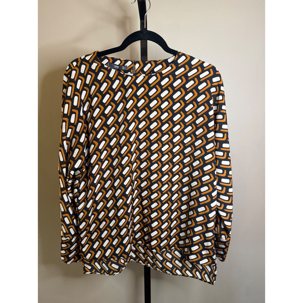 Mango MNG Basics Women Black Orange Geometric Print Long Sleeve Blouse Size 6 - Picture 2 of 7